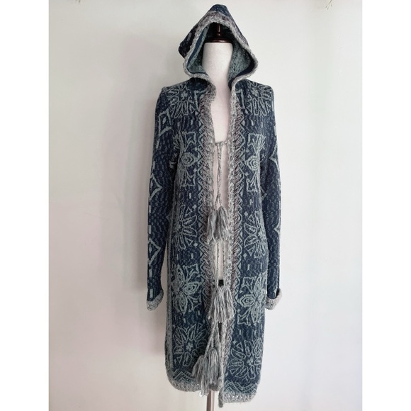 Free People Kai Pom Pom Fringe Geo Print Hooded Longline Long Cardigan Sweater M - Picture 2 of 9